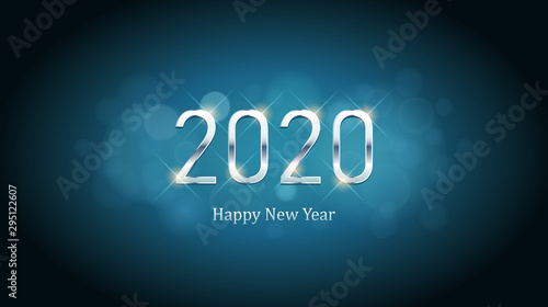 Silver Happy New Year 2020 with abstract bokeh and lens flare pattern in vintage blue color background