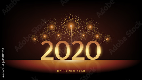 golden happy new year 2020 with reflection and yellow fireworks exploding in dark night sky background 