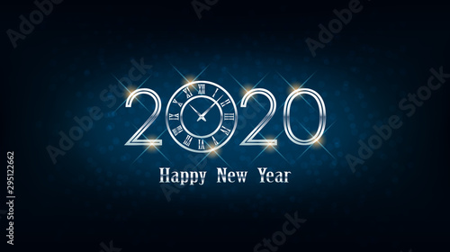 Silver Happy new year 2020 and clock with abstract bokeh and lens flare pattern in vintage blue color background