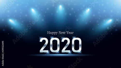Silver Happy new year 2020 and blue spot light with glitter on black color background