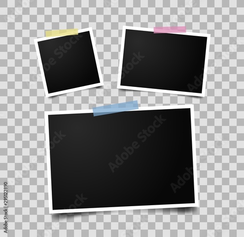 Set of empty photo frames with adhesive tape. Realistic photo frame mockup.