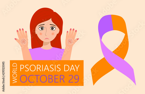 World Psoriasis Day in October 29th. Sad cute girl and orange purple ribbon are shown.
