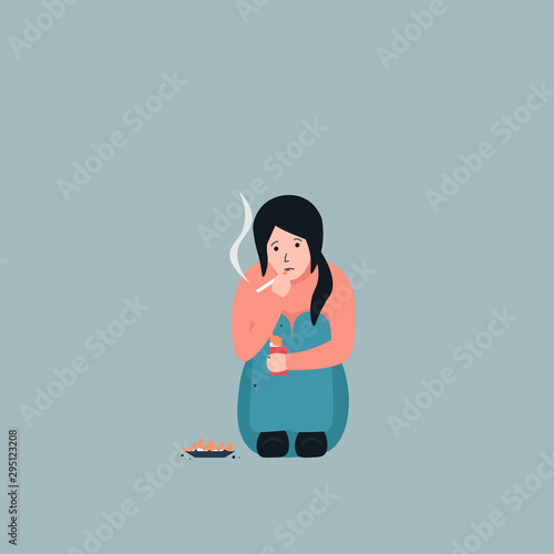Addicted smoker woman, nicotine, cigarette addiction. Vector flat cartoon character illustration. Isolated on background.