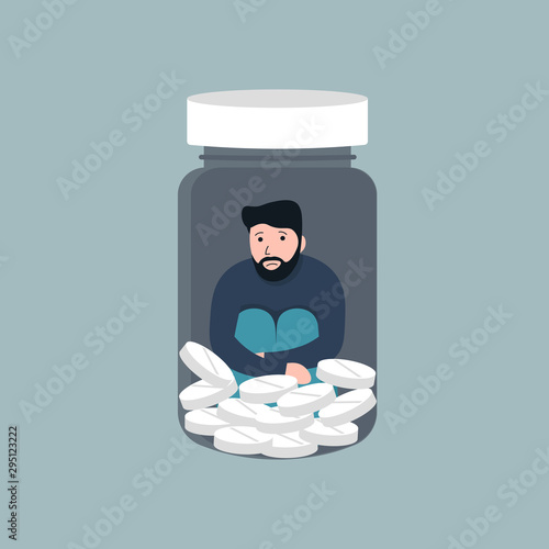 Sick drunk man in depression drowning in medications. Concept flat vector illustration of drug addiction.
