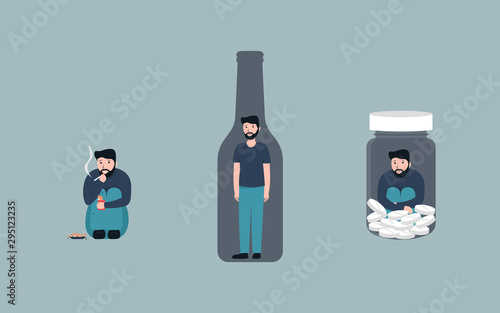 Bad habits set, alcoholism, pills drug addiction, smoking, Vector flat cartoon character illustration. Isolated on background.
