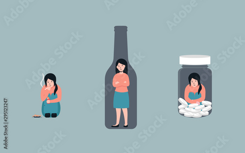 Bad habits set, alcoholism, pills drug addiction, smoking, Vector flat cartoon character illustration. Isolated on background.
