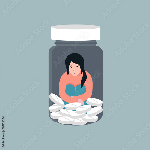 Sick drunk woman in depression drowning in medications. Concept flat vector illustration of drug addiction.