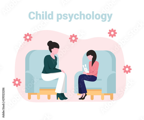 Psychotherapy session. Consulting psychology concept. Woman psychologist and child patient, society psychiatry flat vector illustration.