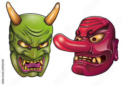 Two colorful oriental oni demon masks illustration