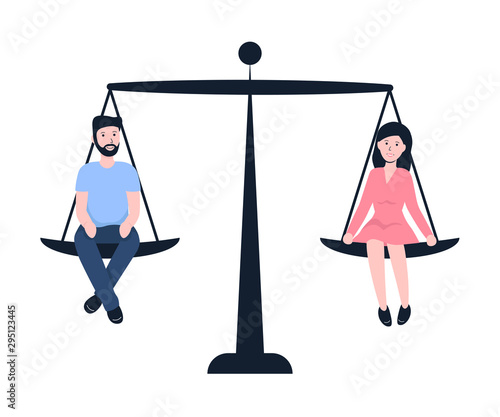 Man and woman sitting on weighing dishes of balance scale, equality. Flat modern vector illustration.