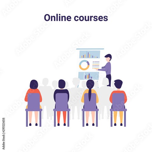 Training conference and couch lecture. Teacher and leader educates business audience. Business consultation, project assistance. Flat vector concept illustration isolated on white background.