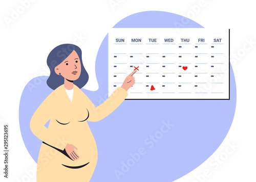 Vector flat illustration of a young pregnant woman, marking days on a calendar. Vector