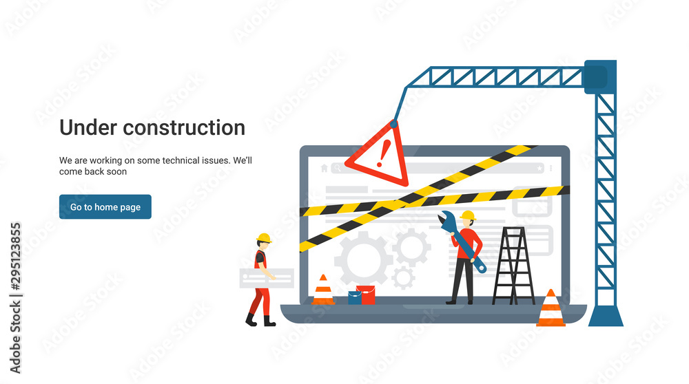 Flat concept site under construction for web page, banner, presentation, social media, documents. Website maintenance error, webpage under construction. Error warning window operating system. Vector.