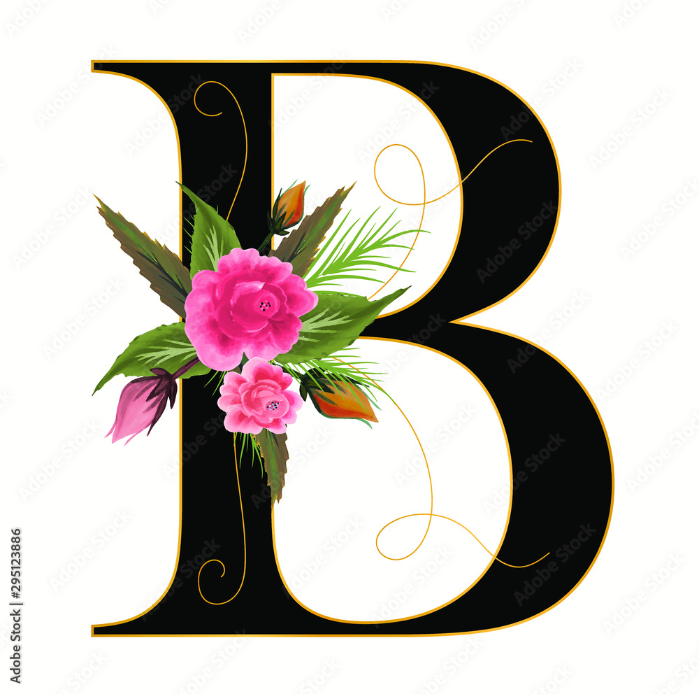Alphabet with flowers, letter B with watercolor flowers and leaves hand