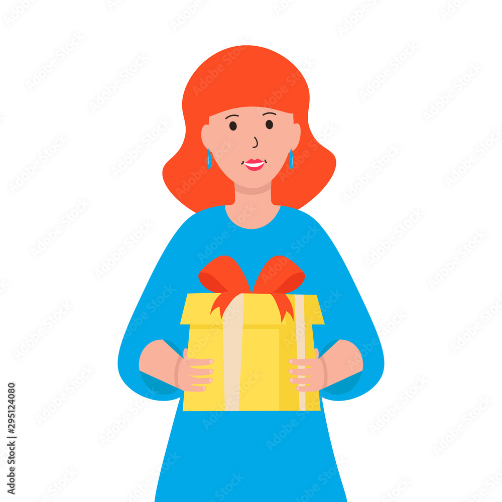 Woman happy character give a gift. Girl holds a red present box in her hands. Flat vector illustration isolated on white background.
