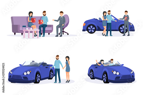 Automobile purchase process steps illustrations set. Smiling young couple, customers and retail agent cartoon characters. Consulting with salesman, conducting deal, buying and driving new car