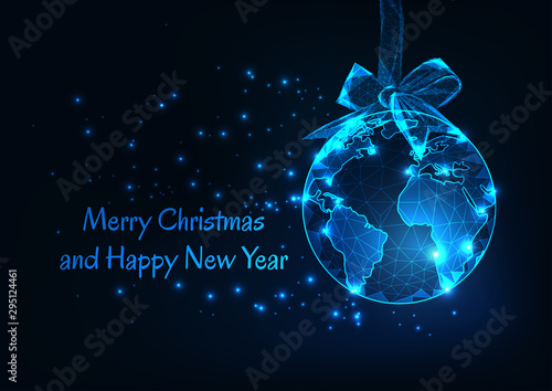 Merry Christmas and Happy New Year greeting card with world globe as a hanging ball and ribbon bow.