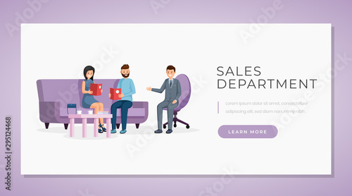 Sales department web banner vector template. Car rental, real estate business website landing page interface layout. Seller consultant help, customer service webpage, homepage cartoon concept