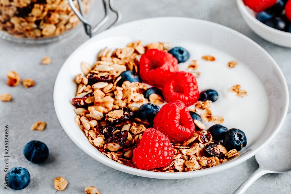 Healthy breakfast bowl homemade granola with fresh blueberry and raspberry Healthy breakfast bowl homemade granola with fresh blueberry and raspberry
