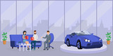 Car dealer consultation flat vector illustration. Happy young couple, customers and friendly salesman discussing purchase cartoon characters. Seller consultant offering clients auto loan contract