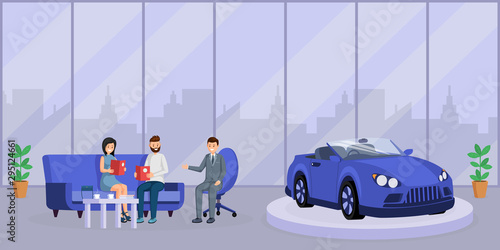 Car dealer consultation flat vector illustration. Happy young couple, customers and friendly salesman discussing purchase cartoon characters. Seller consultant offering clients auto loan contract