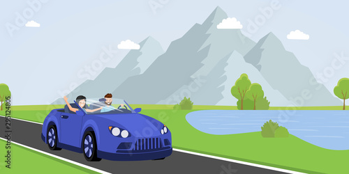 Family road trip flat vector illustration. Cheerful young couple, happy husband and wife driving cabriolet cartoon characters. People traveling by car, summer season vacation, tourist adventure