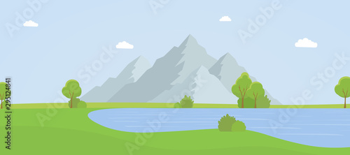 Beautiful mountain landscape flat vector illustration. Empty national park with no people, picturesque nature reserve, natural environment. Tranquil summer panorama with green glade and pond
