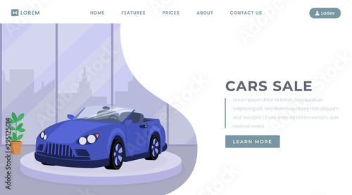 Car sale landing page vector template. Vehicle leasing service website homepage interface idea with flat illustration. Transport retail center, automobile showroom web banner cartoon concept