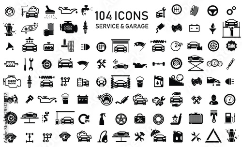 Car service & garage 104 isolated icons set on white background, repair, car detail