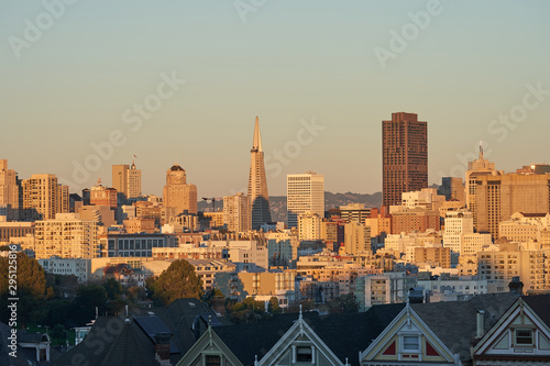 San Francisco downtown skyline during sunset with the Transamerica Pyramid in the center. photo