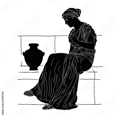 A young woman sits on a stone parapet with jugs. Vector image isolated on white background.