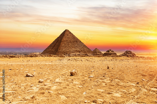 The Pyramid or Menkaure and the Pyramids of the queens at sunset  Giza  Egypt