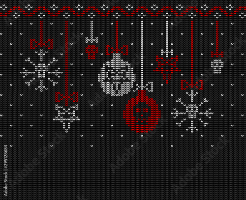 Ugly sweater knitted design  in black, red and white colors. Christmas balls decorated with a pentagram and a skull.