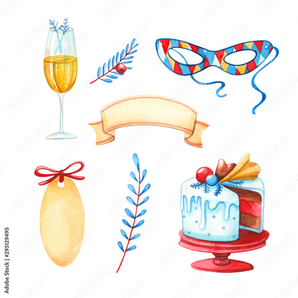 Hand drawn watercolor illustration clipart set of champagne glasses,  carnival mask, banner and layer cake on stand isolated on white. Christmas,  winter holidays and celebration Stock-illustration | Adobe Stock