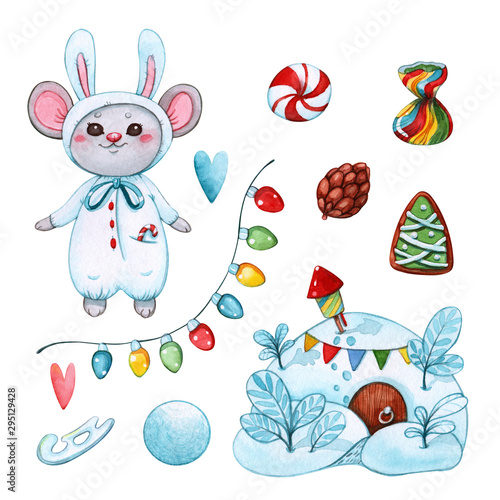 watercolor illustration set of mouse in carnival costume of rabbit, snow covered hole, garland and sweets. Christmas and winter holidays