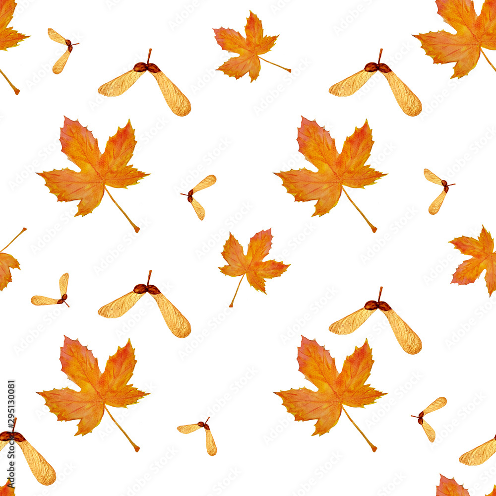 Seamless pattern with watercolor hand-drawn maple leaves and seed. Seamless pattern with watercolor hand-drawn maple leaves and seed.