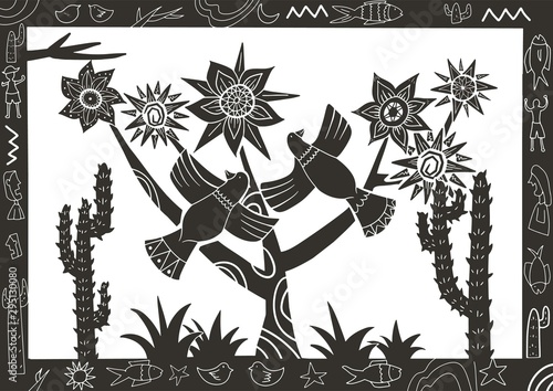 cordel style illustration of a group of birds chirping among cactus trees