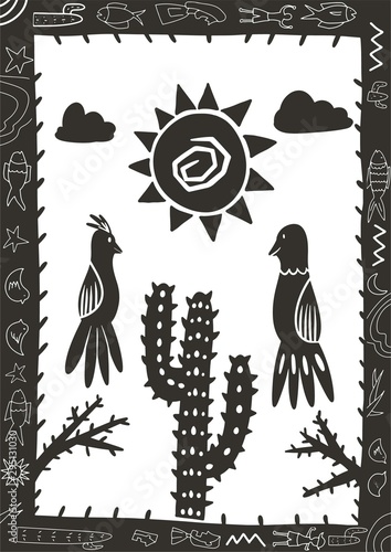 cordel style illustration of a group of birds chirping among cactus trees