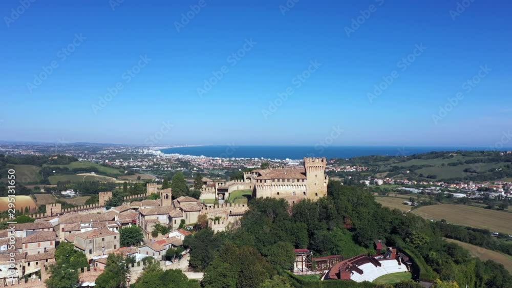 Gradara, small town in the province of Pesaro Urbino. Aerial birds eye view video taken by drone Gradara, small town in the province of Pesaro Urbino. Aerial birds eye view video taken by drone