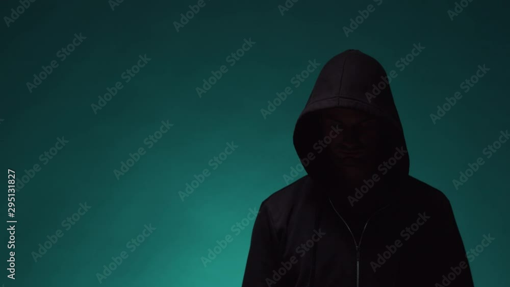 Portrait of computer hacker in hoodie. Obscured dark face. Data thief, internet fraud, darknet and cyber security . Portrait of computer hacker in hoodie. Obscured dark face. Data thief, internet fraud, darknet and cyber security .