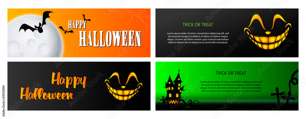 Naklejka premium Trick or treat green, black, orange banner set with castle