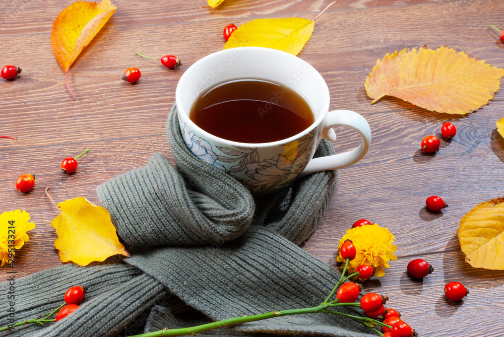 Autumn tea mug wrapped in a warm scarf