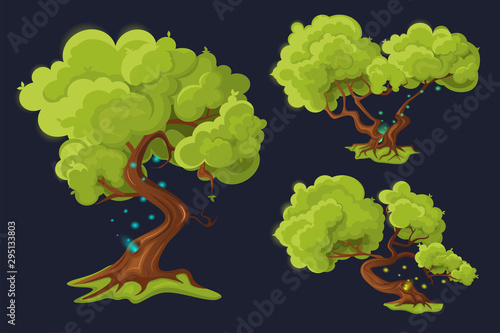 Set colorful cartoon trees. Fairytale tree for games. Vector illustration.