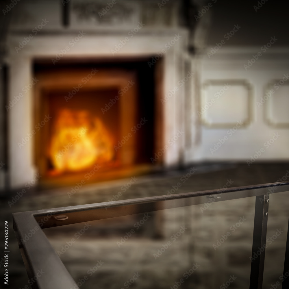 Table background of free space for your decoration and home interior with fireplace Table background of free space for your decoration and home interior with fireplace