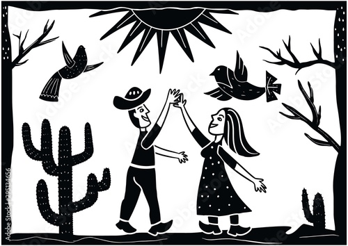 illustration of cordel style meeting a pair of lovers in the middle of the desert