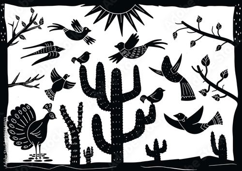 cordel style illustration of a group of birds chirping among cactus trees