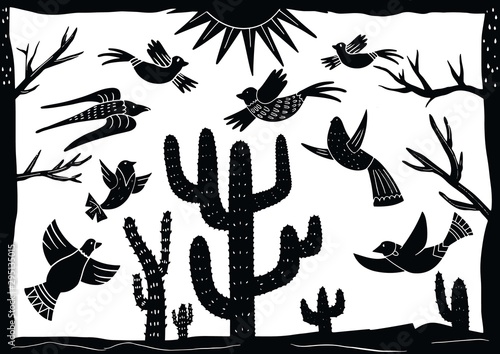 cordel style illustration of a group of birds chirping among cactus trees photo