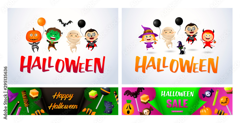 Halloween white, green, pink banner set with monsters Halloween white, green, pink banner set with monsters