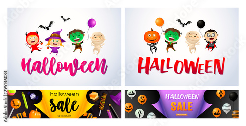 Halloween white, black, violet banner set with monsters