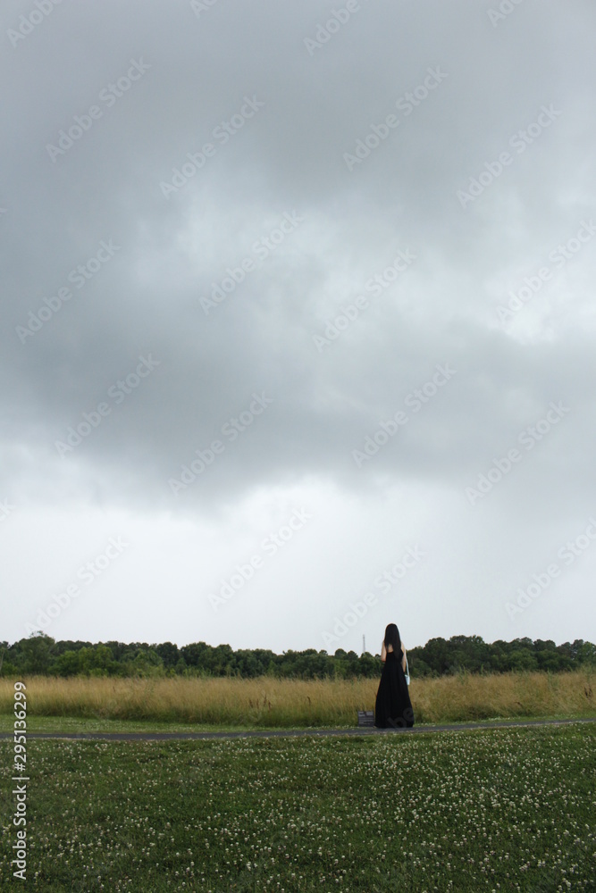 Fototapeta premium silhouette of woman in a field on a cloudy day